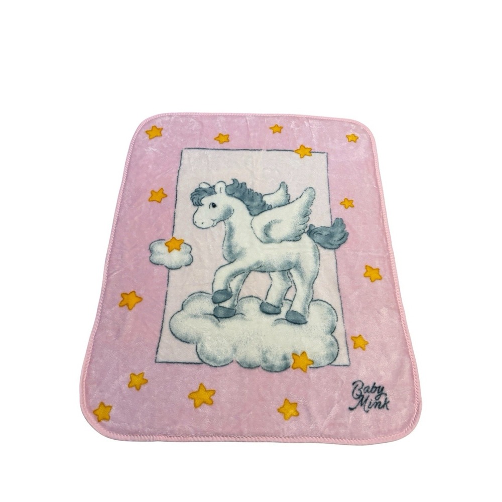 Vintage Baby Mink Blanket Pink  Plush Pegasus Horse Stars Warm 43" x 53"